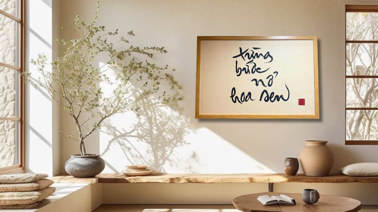Tranh thư pháp từng bước nở hoa sen