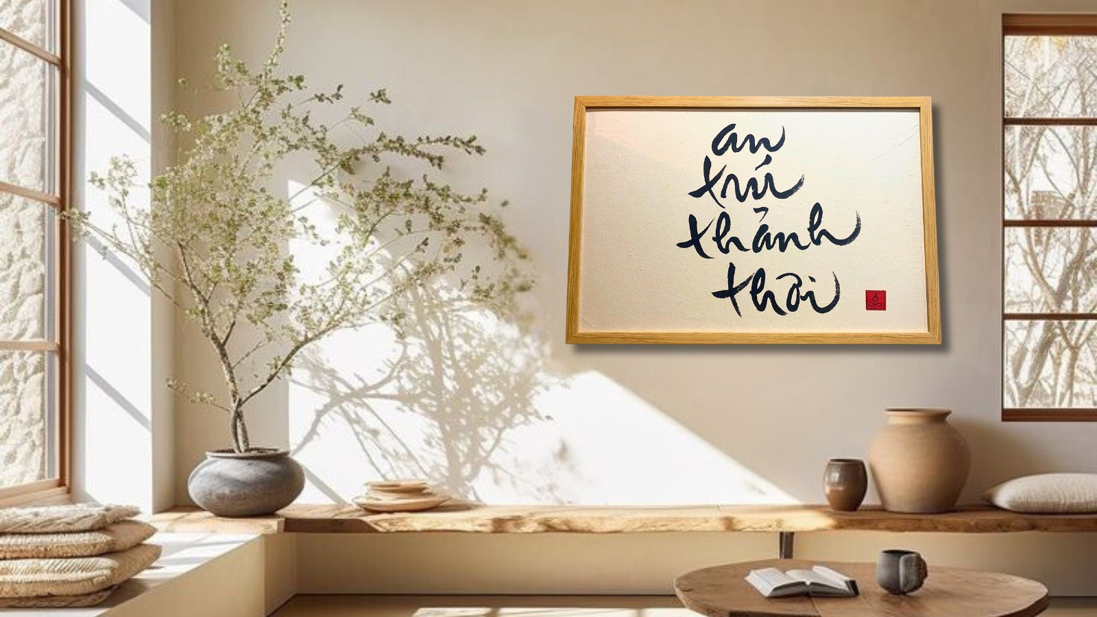 Tranh thư pháp an trú thảnh thơi